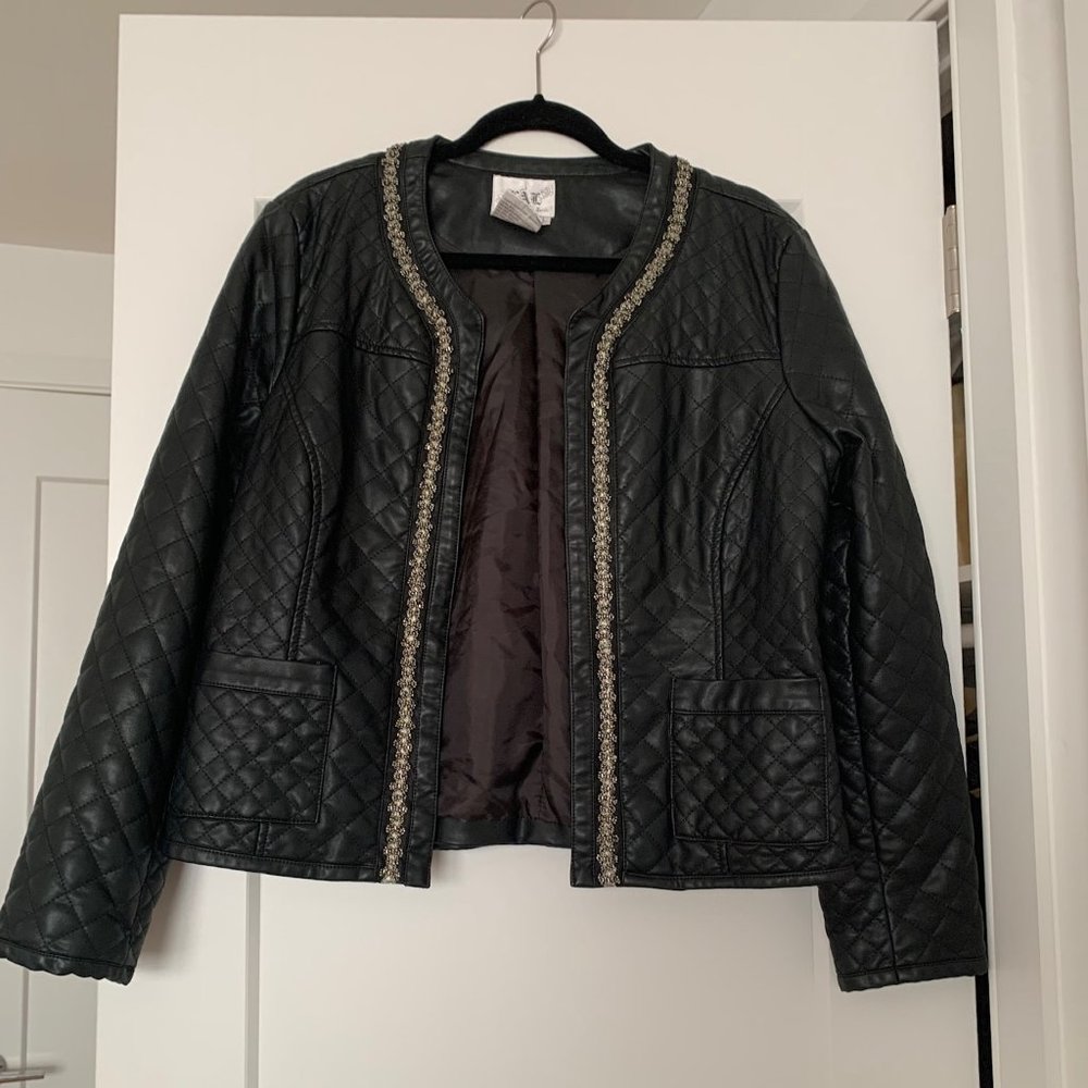 Quilted faux-leather jacket with beaded trim